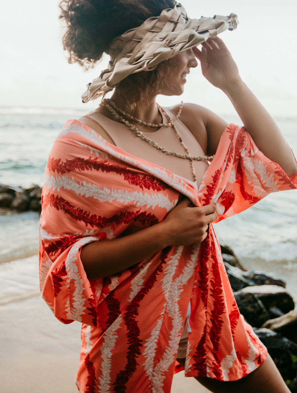 Hawaiian Aloha Red Polynesian Butterfly Top Caftan Cover-up 