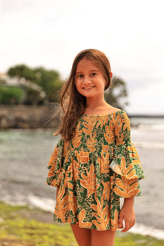 Keiki Keani Off-Shoulder Dress | Pua Lauaʻe Green/Yellow