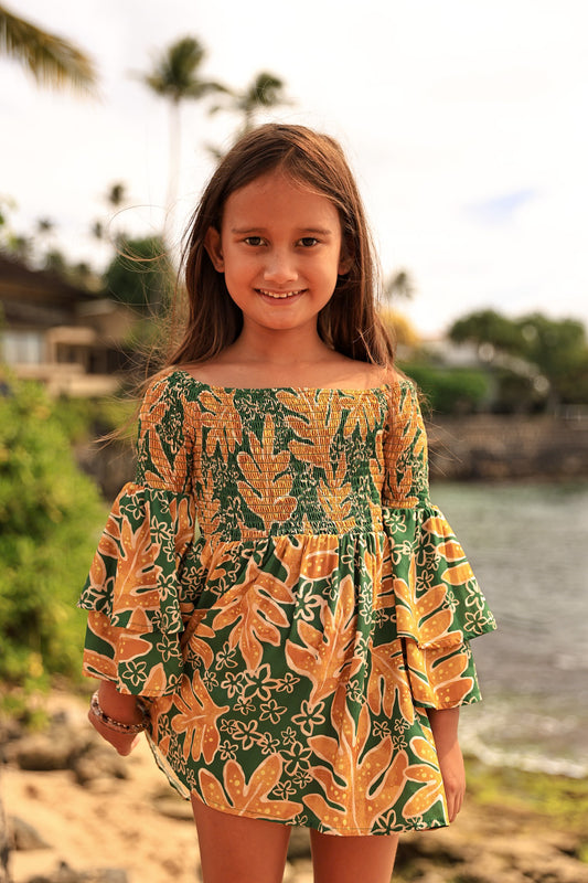 Keiki Keani Off-Shoulder Dress | Pua Lauaʻe Green/Yellow