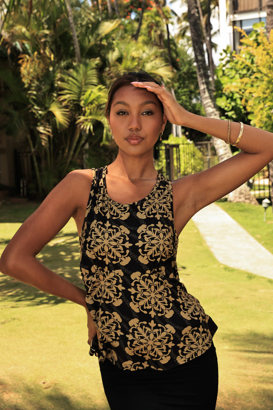 Tiare Tank Top | Puakenikeni Quilt Gold/Black