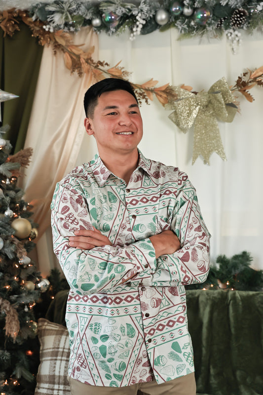 Men’s Aloha Shirt - Short and Long Sleeve | Jingle Shell Xmas Green/Red (KALA MAI)