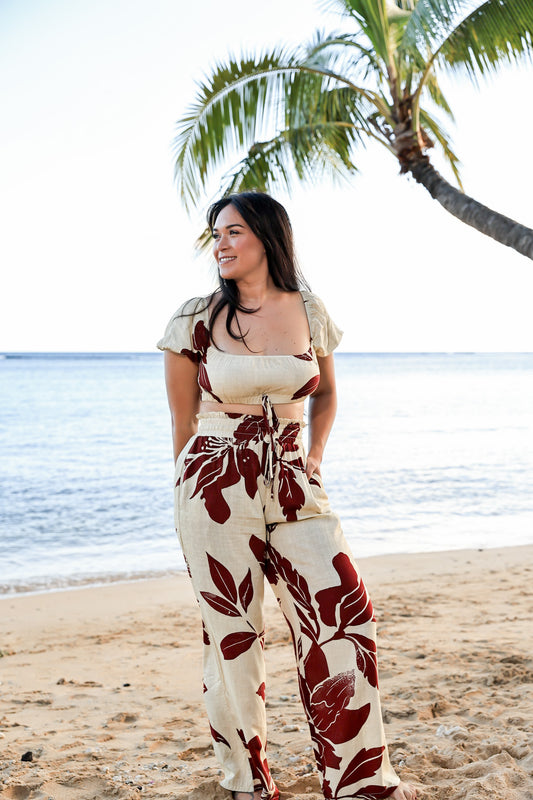 Lola Two Piece Set | Holiday Hibiscus Cream/Maroon (KALA MAI)