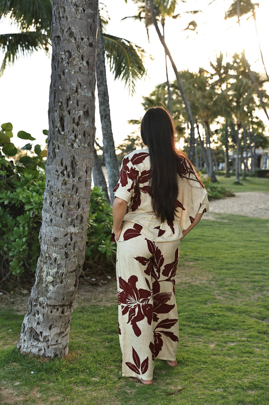 Hele Palazzo Pants | Holiday Hibiscus Cream/Maroon