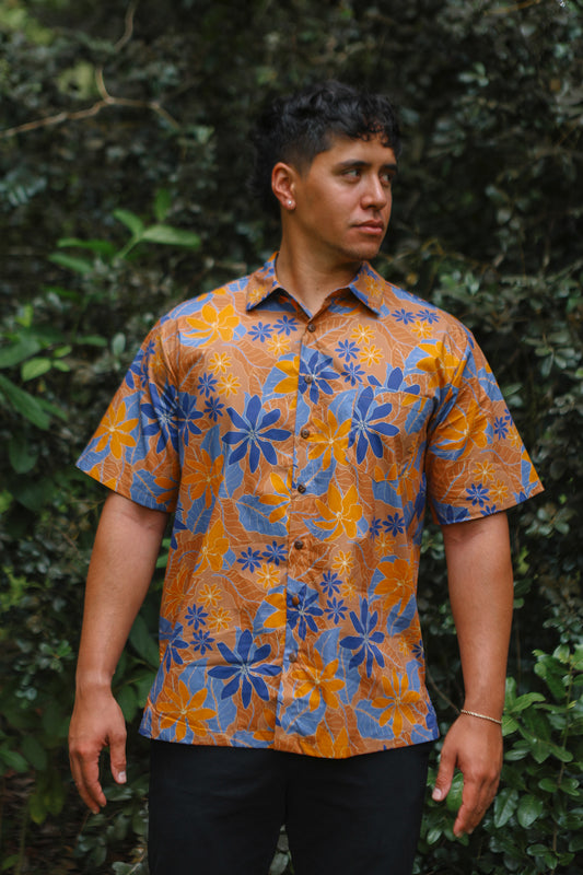 Men's Aloha Shirt Full Button Down | Kula Gardenia Orange/Blue