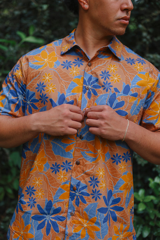 Men's Aloha Shirt Full Button Down | Kula Gardenia Orange/Blue