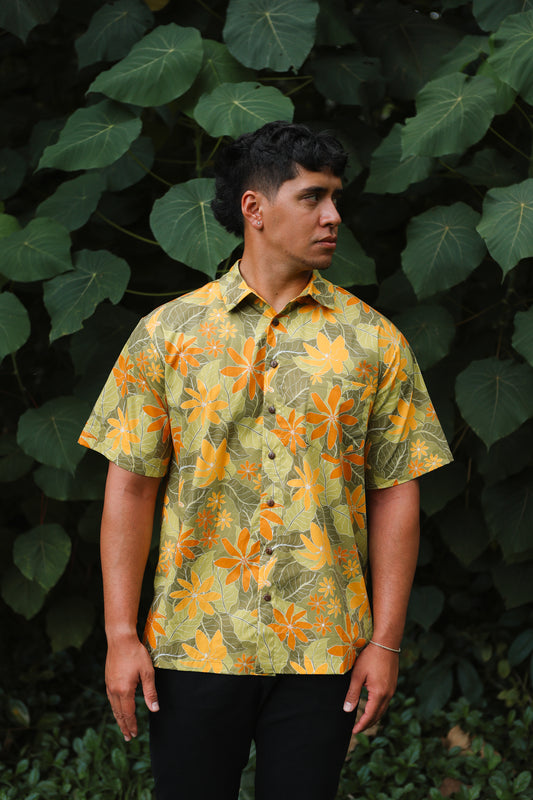 Men's Aloha Shirt Full Button Down | Kula Gardenia Green