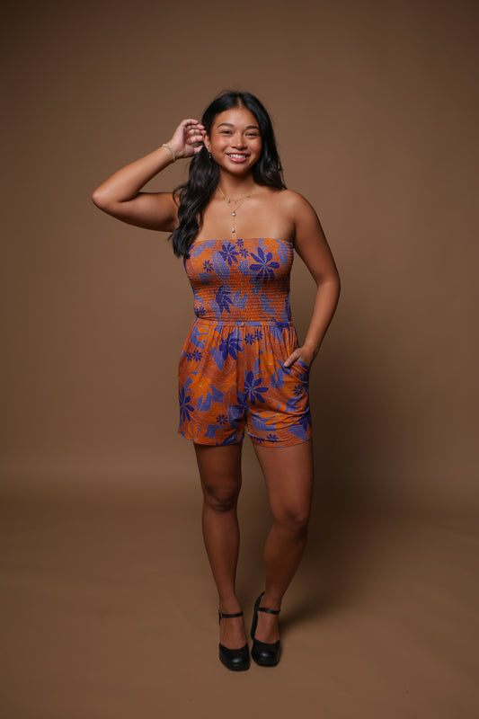 Kamaile Short Romper | Kula Gardenia Orange/Blue