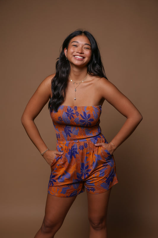 Kamaile Short Romper | Kula Gardenia Orange/Blue