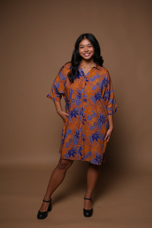 Aloha Button Down Dress | Kula Gardenia Orange/Blue