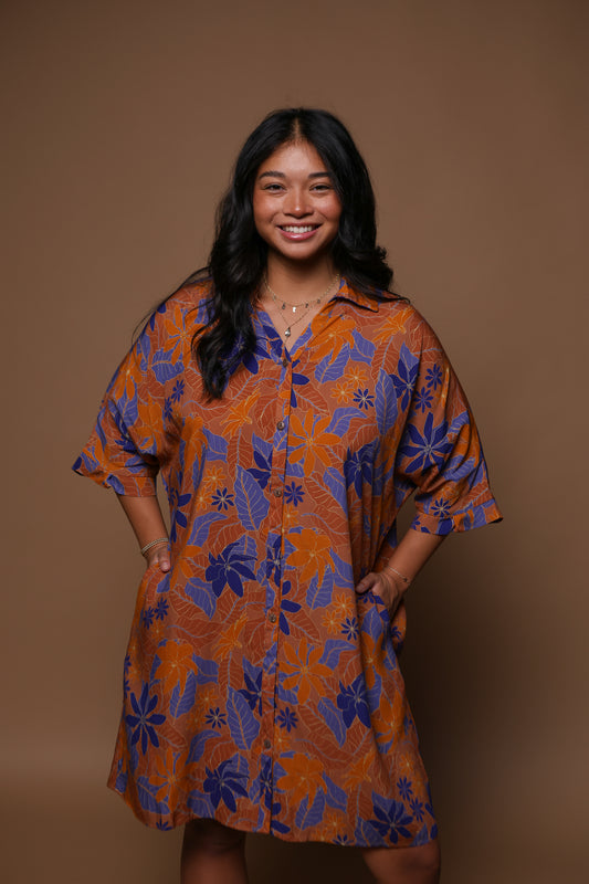 Aloha Button Down Dress | Kula Gardenia Orange/Blue