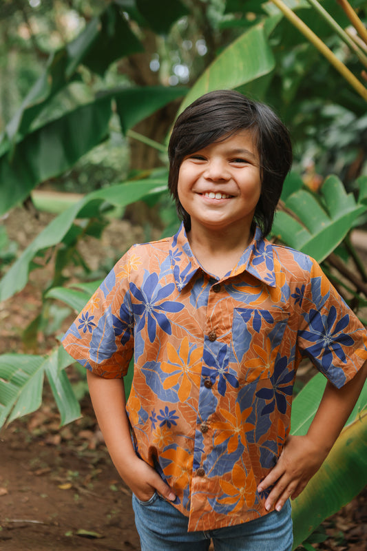 Keiki Boys Aloha Shirt | Kula Gardenia Orange/Blue