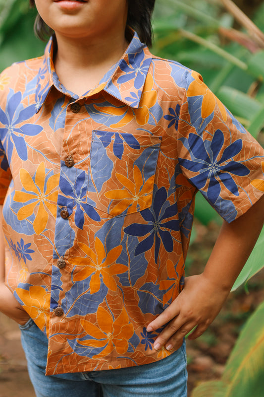 Keiki Boys Aloha Shirt | Kula Gardenia Orange/Blue