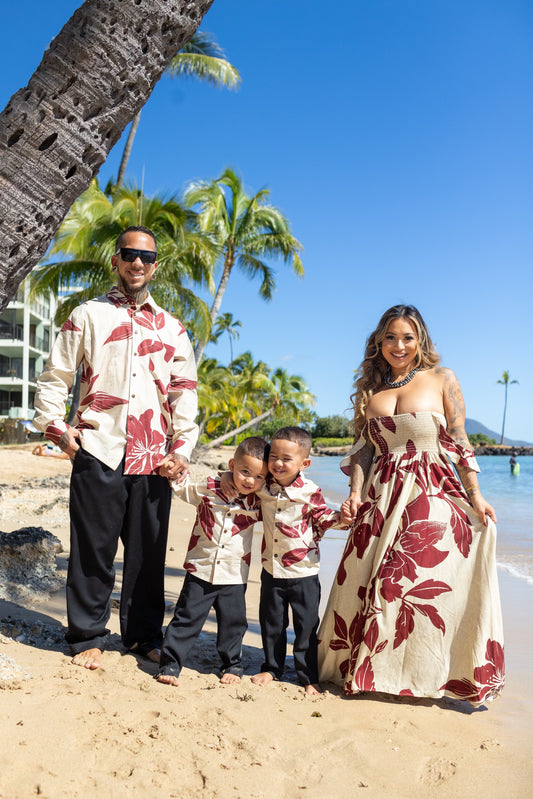 Men's Aloha Shirt | Holiday Hibiscus Cream/Maroon