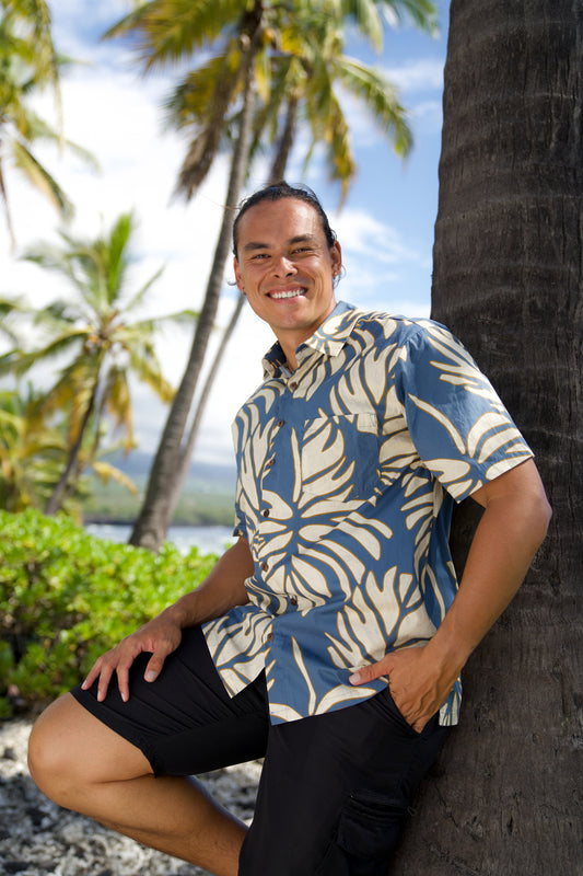 Men's Aloha Shirt Full Button Down | Monstera Blue (KALA MAI)