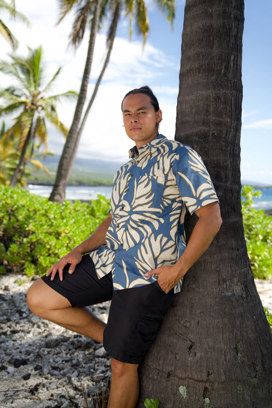 Men's Aloha Shirt Full Button Down | Monstera Blue (KALA MAI)