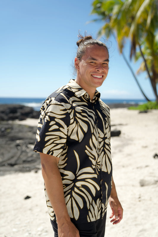 Men's Aloha Shirt Full Button Down | Monstera Black