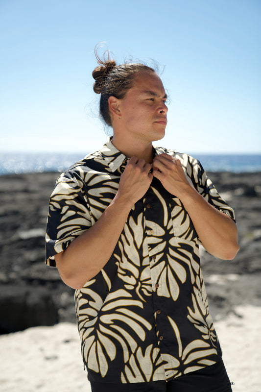 Men's Aloha Shirt Full Button Down | Monstera Black