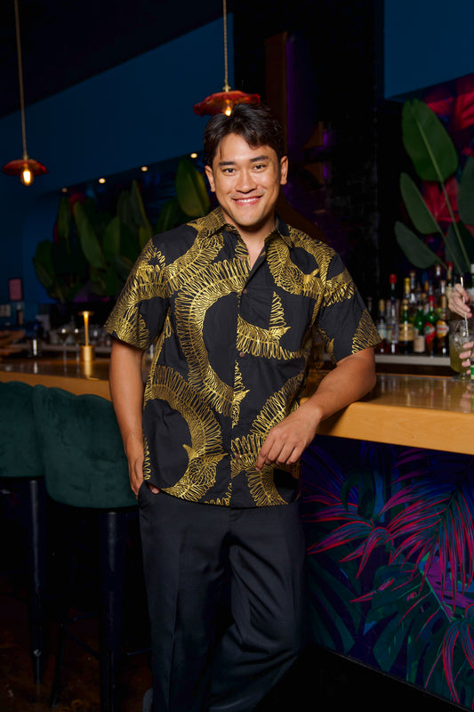 Men's Aloha Shirt Full Button Down | Ginger Lei Black/Metallic Gold