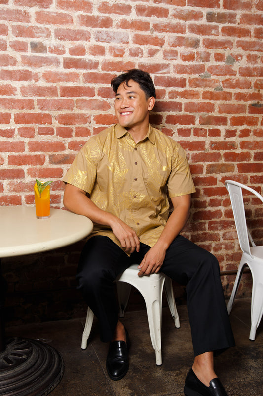 Men's Aloha Shirt Full Button Down | Ginger Lei Tan/Metallic Gold