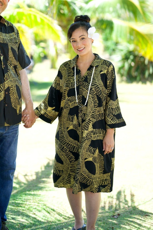 Aloha Button Down Dress | Ginger Lei Black/Metallic Gold