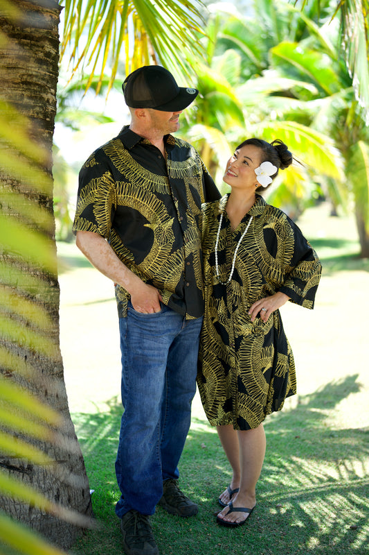 Aloha Button Down Dress | Ginger Lei Black/Metallic Gold