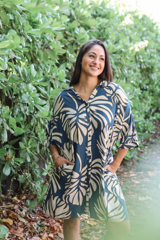 Aloha Button Down Dress | Monstera Black (KALA MAI)