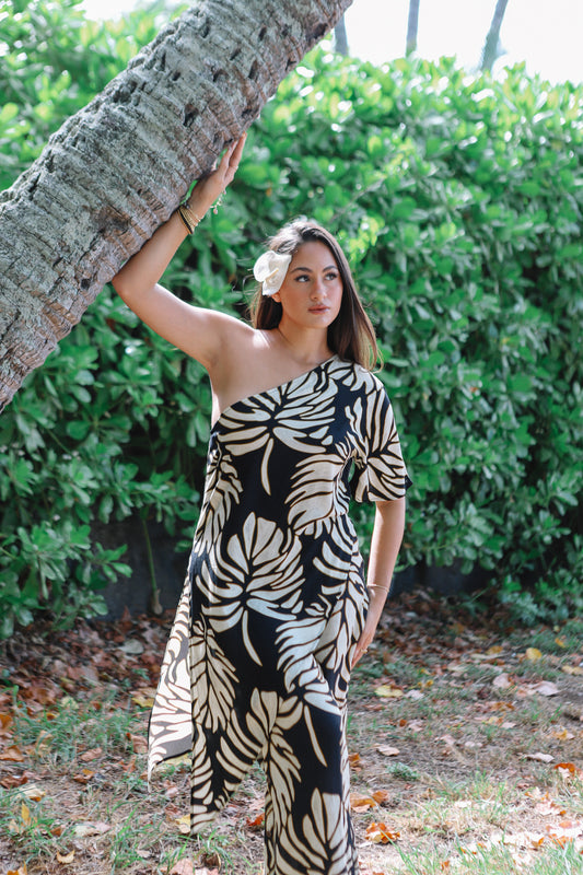 Hoku One Shoulder Blouse | Monstera Black (KALA MAI)