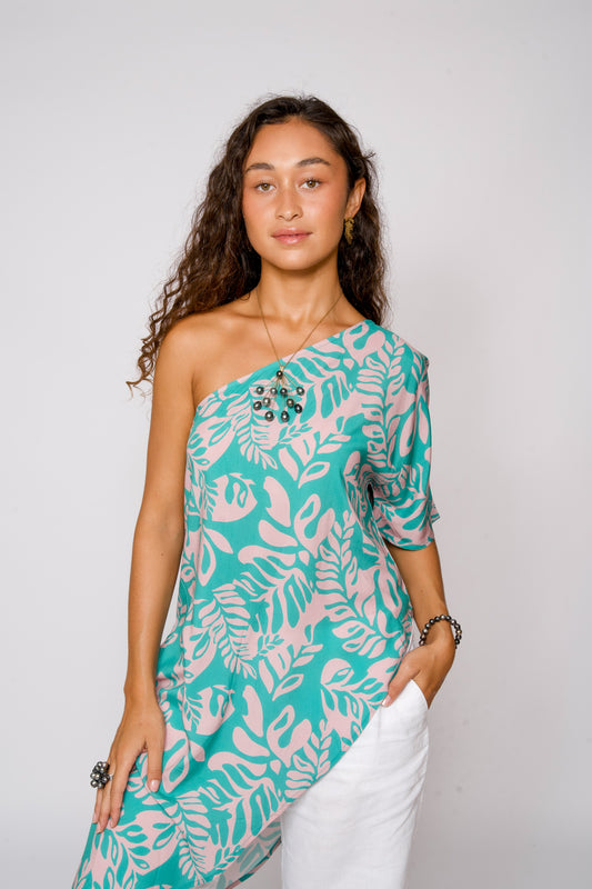 Hoku One Shoulder Blouse | Laua'e Fern Aqua