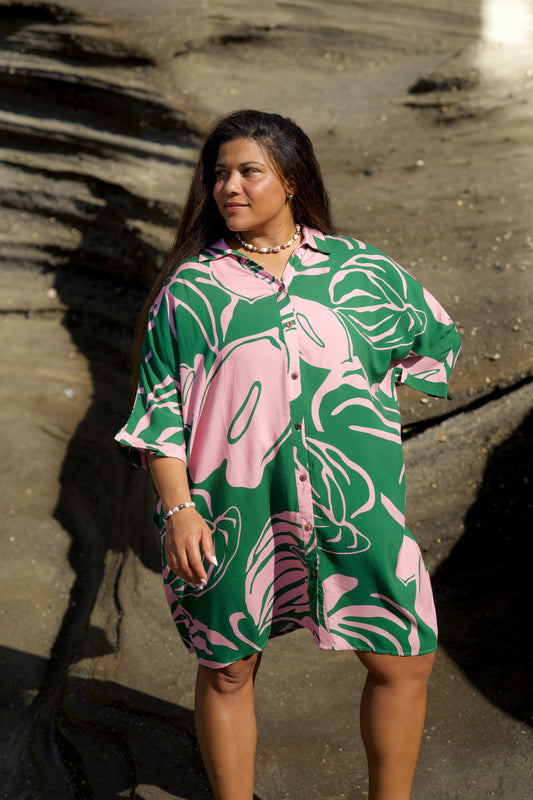 Aloha Button Down Dress | Anthurium Dark Green/Pink (KALA MAI)