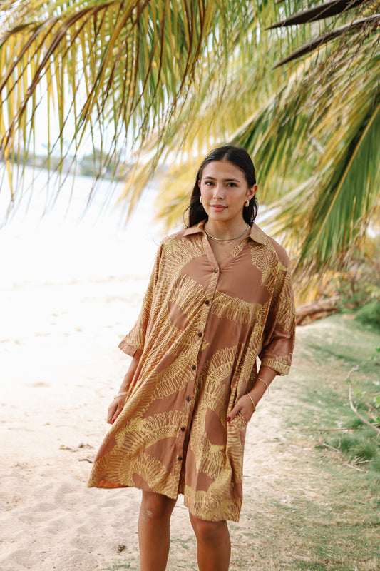 Aloha Button Down Dress | Ginger Lei Metallic Brown (KALA MAI)