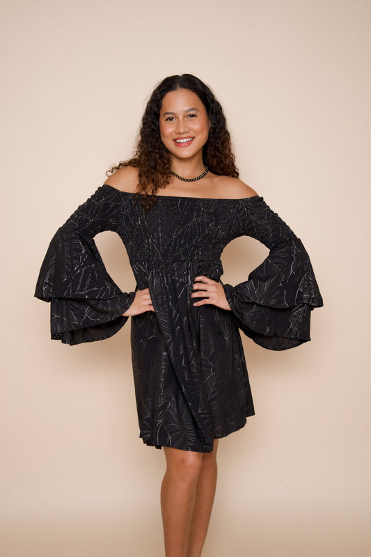 Keani Off-Shoulder Dress | Kalo Black/Metallic Silver