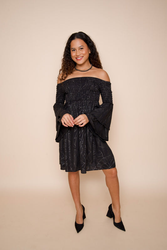 Keani Off-Shoulder Dress | Kalo Black/Metallic Silver