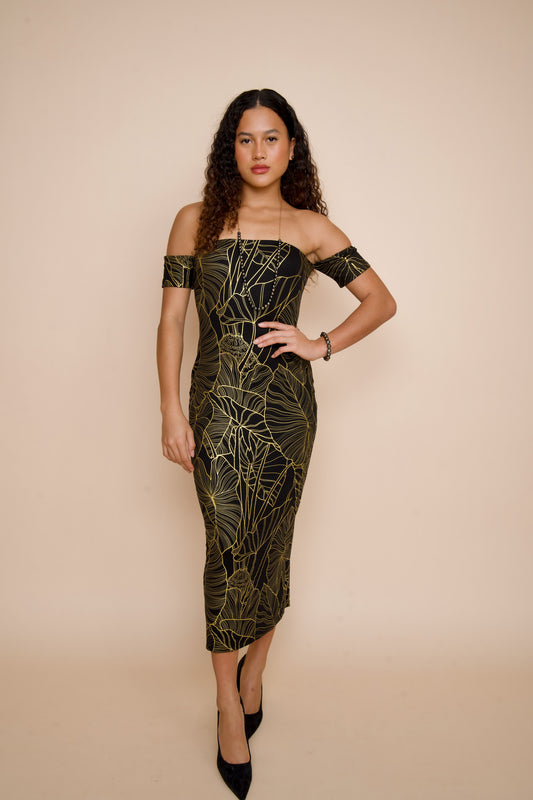 Long Ku'uipo Dress | Kalo Black/Metallic Gold