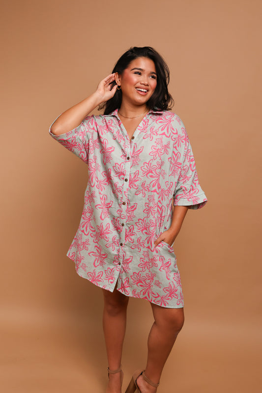 Aloha Button Down Dress | Naupaka Mint/Strawberry