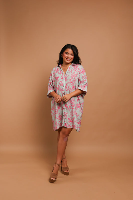 Aloha Button Down Dress | Naupaka Mint/Strawberry