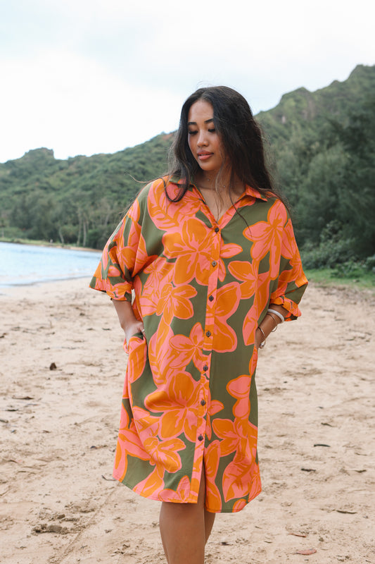 Aloha Button Down Dress | Pua Melia Guava