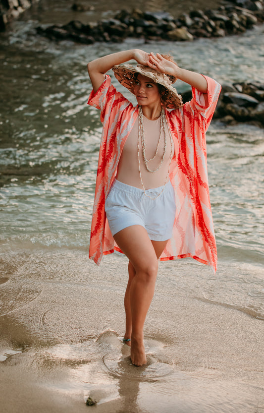 Hawaiian Aloha Red Polynesian Butterfly Top Caftan Cover-up 